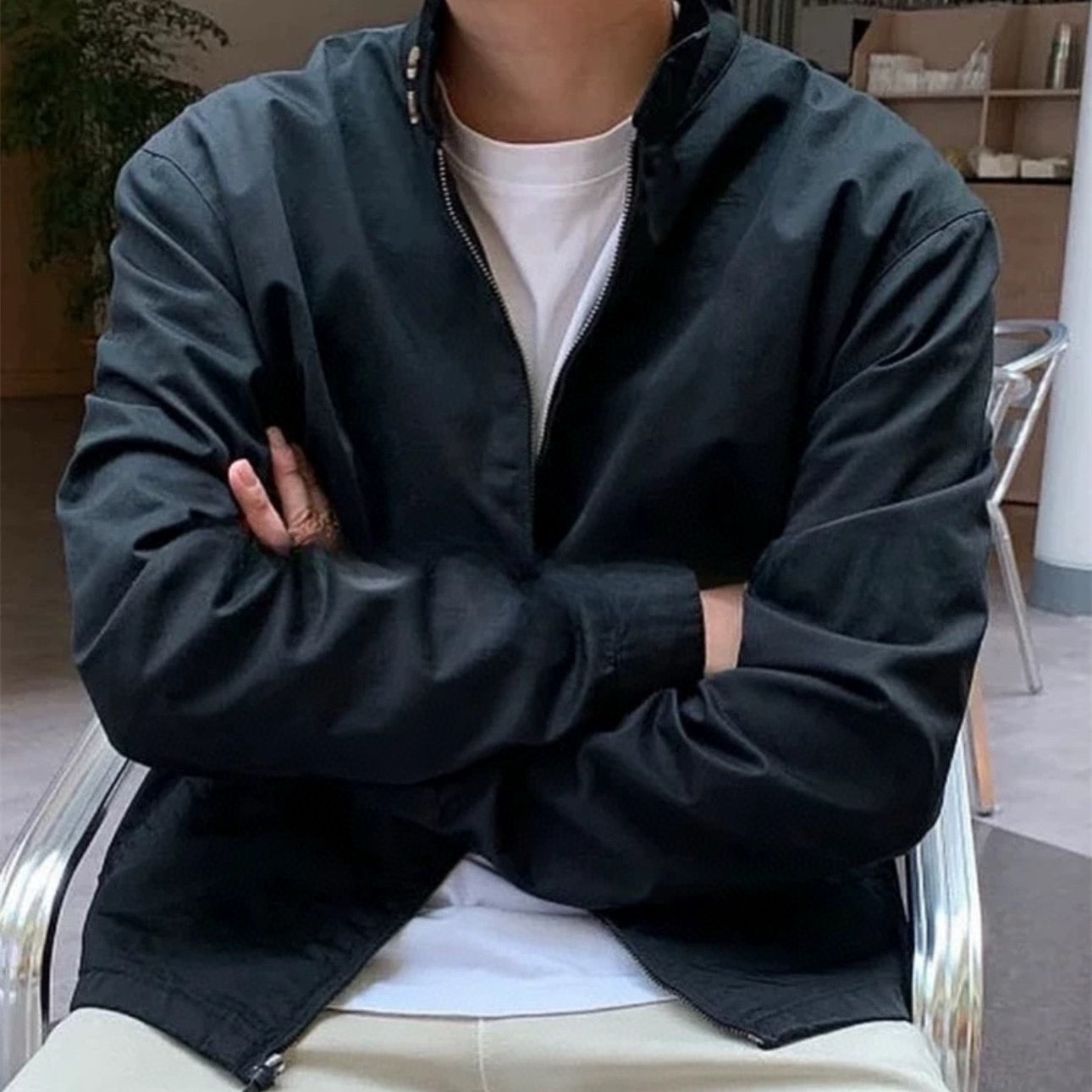 Streetwear Mens Workwear Bomber Jacket Small Horse Logo Zip Up Coat Khaki Utility Outerwear Classic Fit Fashion Leather Style Lapel Collar Casual Ja