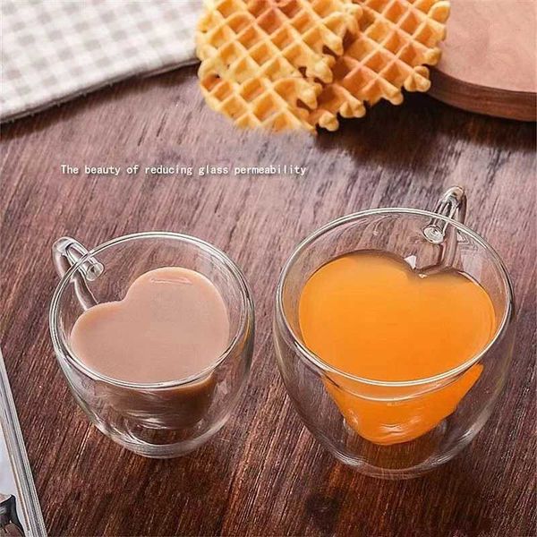 Heart Love Shape Glass Cup Double Wall Coffee Mug with handle Anti-scald Heart Drinking Tea Milk Juice Water cup Lover GiftXJ241205
