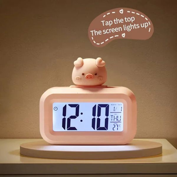 LED Digital Clock Cute Rome Decor Cartoon Pig Alarm Clock with Night Light Room Cute Watch Bedroom Bedside Ornaments 250207
