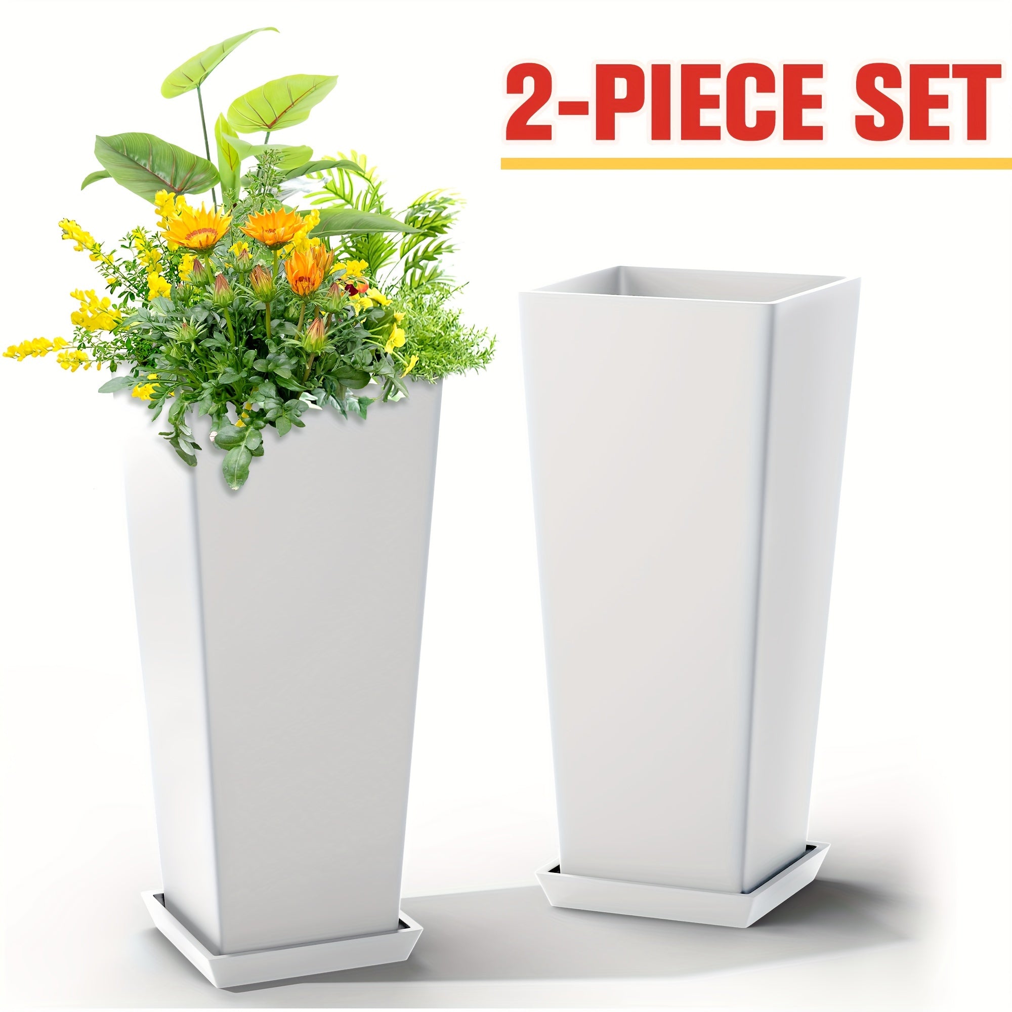 TEMU 2pcs 24" Large Planters For Indoor & Outdoor, Tall Planters With Drainage Hole, Tall Planters, Tapered Square Flower Pots With Tray For Home