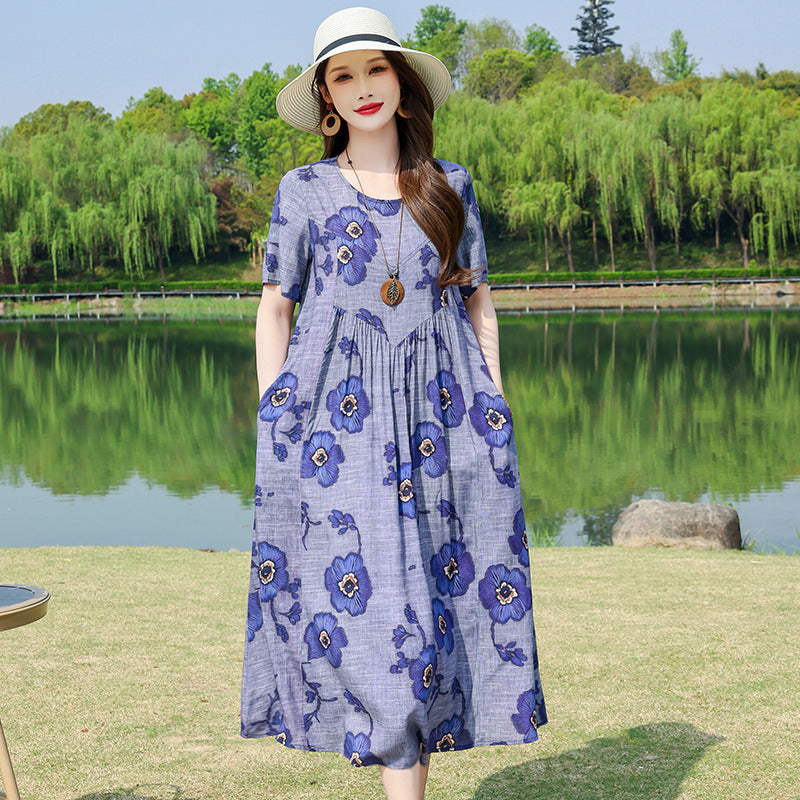 232 New Summer High-end Cotton Silk Dress Women&#039;s Medium-length Fashionable and Western-style Outerwear Artificial Cotton Floral Cotton Silk Sk