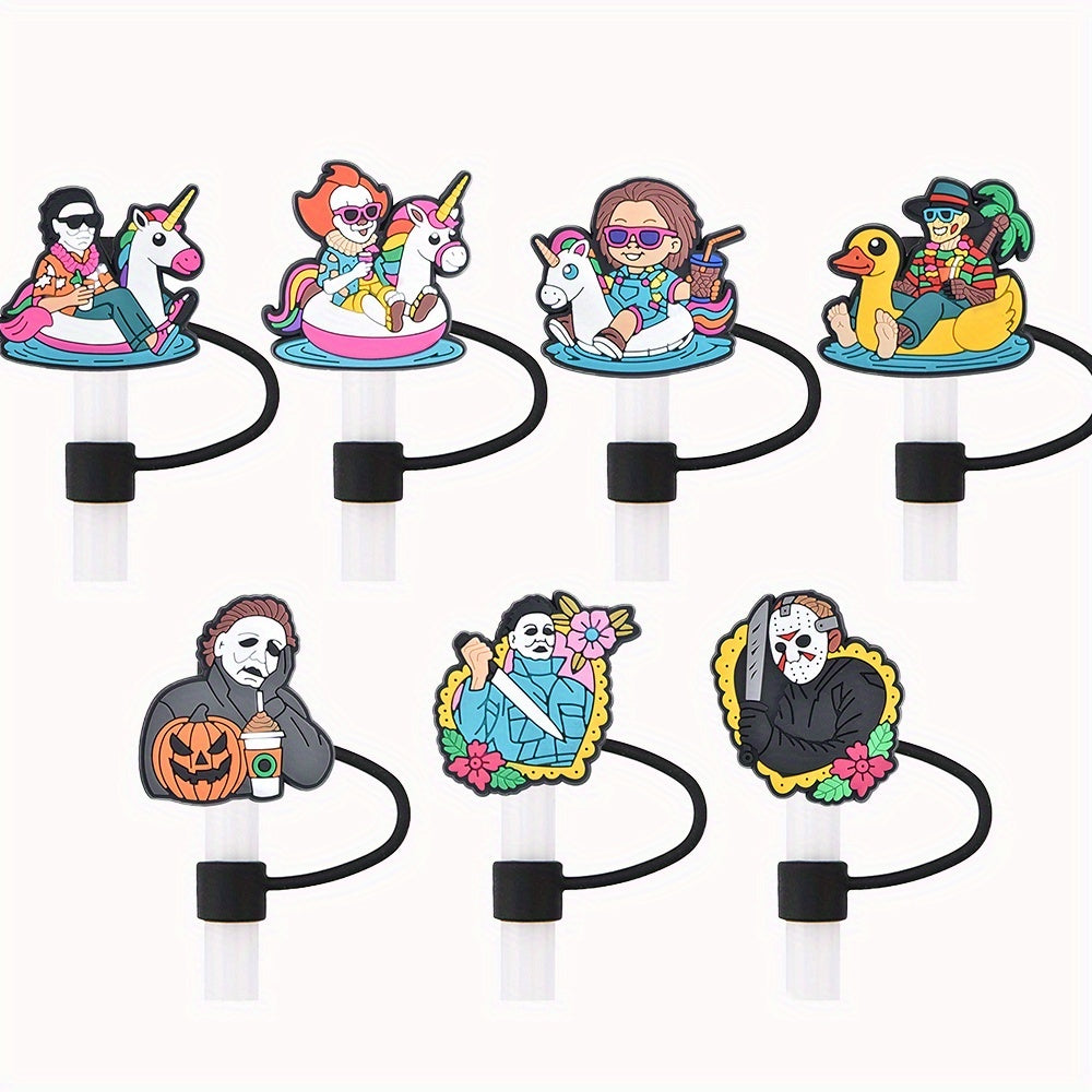 TEMU 7pcs Cartoon Horror Movie Character Straw Toppers & Straw Covers Cute Straw Caps (no Drinking Straw)party Favor