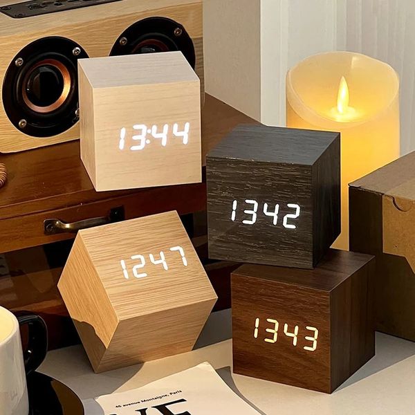 Wooden Digital Alarm Clock with Temperature Sound Desktop LED Bedside ClocK LED Alarm Clock Office Decoration Clock Home Decor 241212
