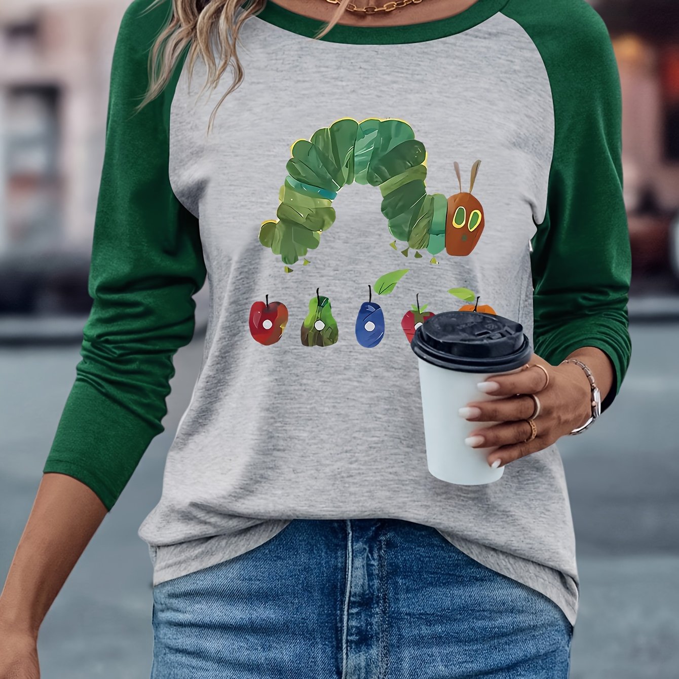 TEMU Women's Casual Raglan Long Sleeve T-shirt With "" Fruit Print, Crew Neck, Medium Stretch Fabric, Spring-fall Fashion Top, Everyday | Print Top |
