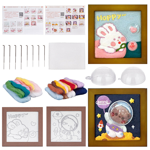 2 Sets 2 Style Rabbit Bear Photo Frame Needle Felting Kits for Beginners