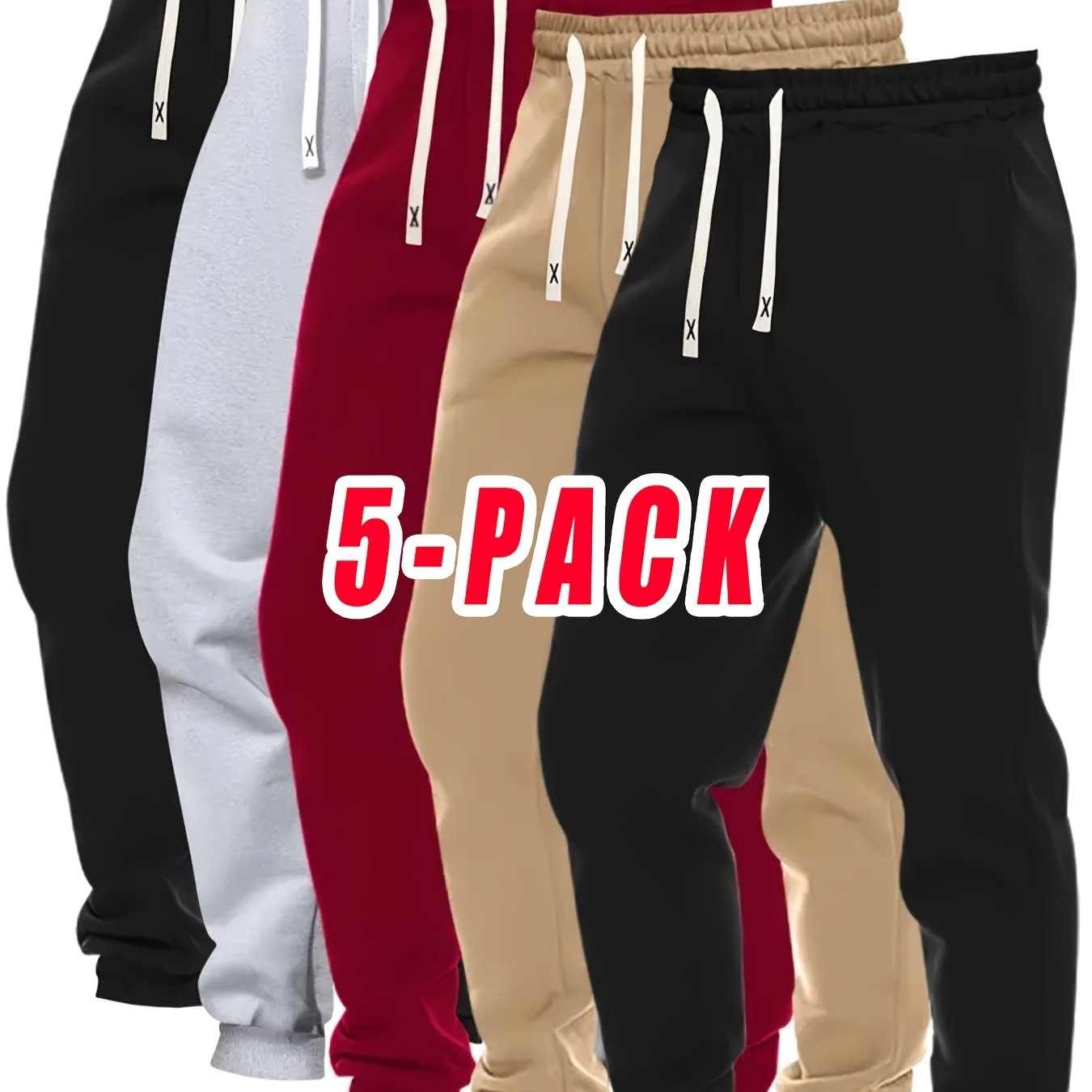 TEMU 5-pack Men's Casual Jogger Pants - Elastic Drawstring Waist, Multiple Pockets, Breathable Fabric For Gym, Running, Lounge & Casual Attire -