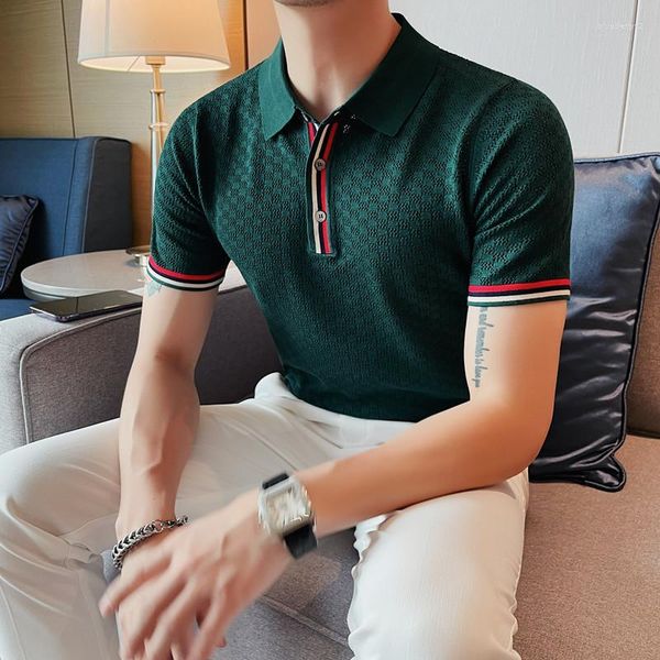 Mens Polos 2023 Mens Summer Casual Short Sleeve Knitting Polo Shirts Male Slim Fit Fashion Hollow Out S-4XL