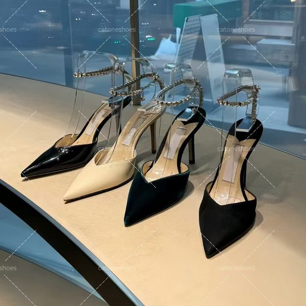 designer heels women Rhinestone Chain High Heels Pointed Toe Pumps Dress Shoes Wedding Shoes Genuine Leather Soles Top Quality EU35-42