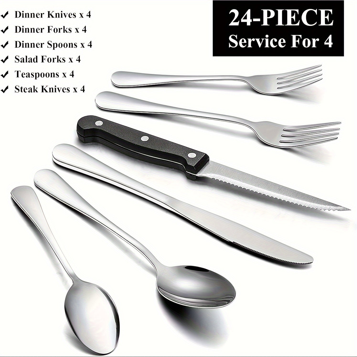 TEMU 24-48pcs Silverware Set, Stainless Steel Flatware Cutlery Set Service For 4-8, Mirror Polished Kitchen Utensils Set With Steak Knives Included