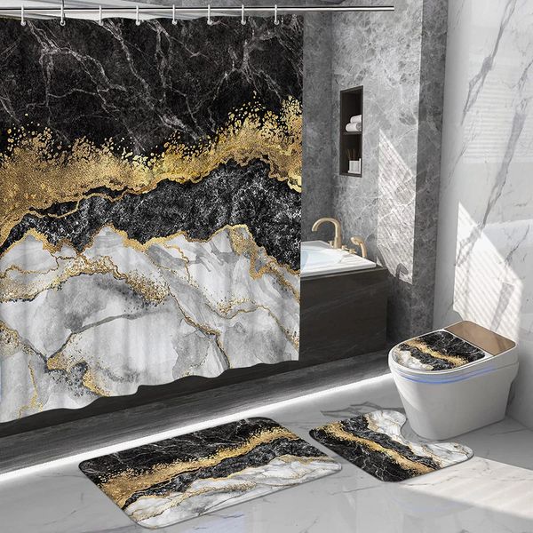 4Pcs Marble Shower Curtain Sets Bathroom Decor with 12 HooksBath MatToilet Lid Rug Non-Slip U Shape Mat Accessories 250207
