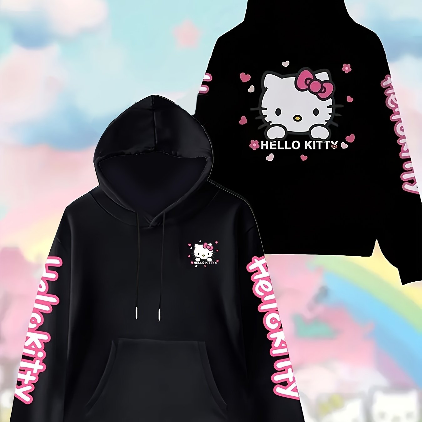 TEMU For Hello Kitty Women'S Fashion Hoodie - Cozy Fleece Pullover with Drawstring Hood, Front Pockets, and in for FallWinter