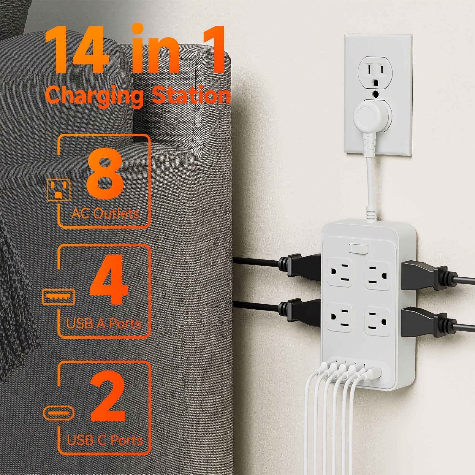 TEMU Outlet Extender Power Strip With Protector, With 3 Inch Short Extension Cord, 8 Ac Outlets, 6 Usb Charging Ports (4 Usb A & 2 Usb C), Desk