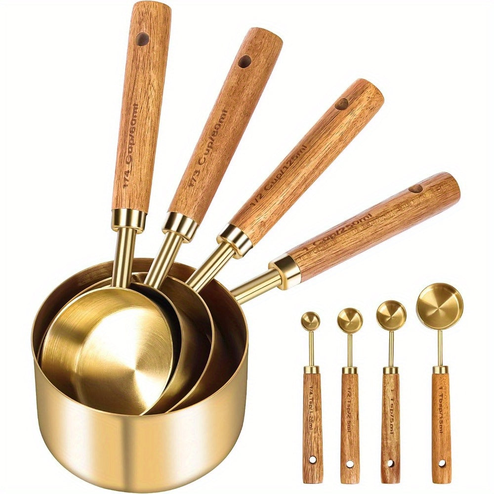 TEMU 8pcs Stainless Steel Wooden Handle Measuring Cup Spoon Set With Scale And Mark, Kitchen Baking Tools, Spice Spoons, Coffee Spoons, Kitchen