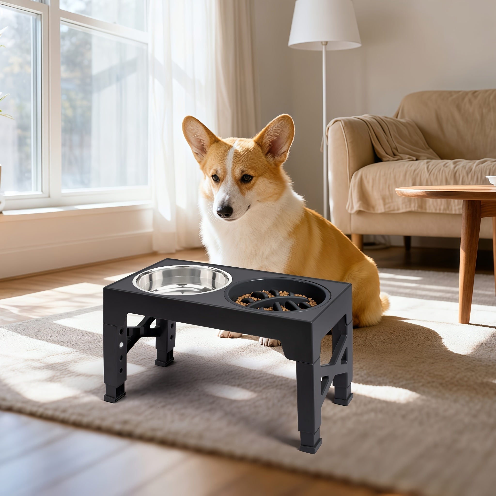TEMU Elevated Dog Bowls, 5 Adjustable Raised Dog Bowl Stand, With 2 Stainless Food Bowls And 1 Slow Feeder Dog Bowl, Adjusts To Height 3.2" To 12.2"