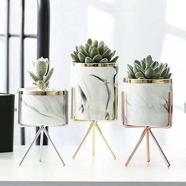 Nordic Ceramic Iron Art Vase Marble Pattern Rose Gold Silver Tabletop Green Plant Pot Home Office Vases Decorative 240103