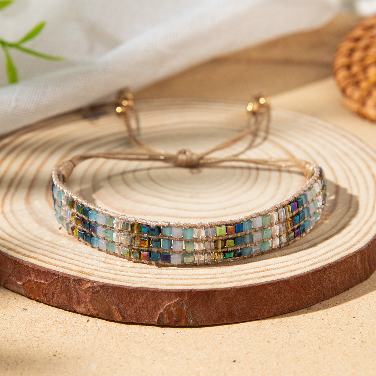 TEMU 1 Bohemian Style Glass Bead Bracelet For Women - Adjustable Braided Cord With Vibrant Gradient Beads, Casual Attire, Bracelet|| Beads Jewelry