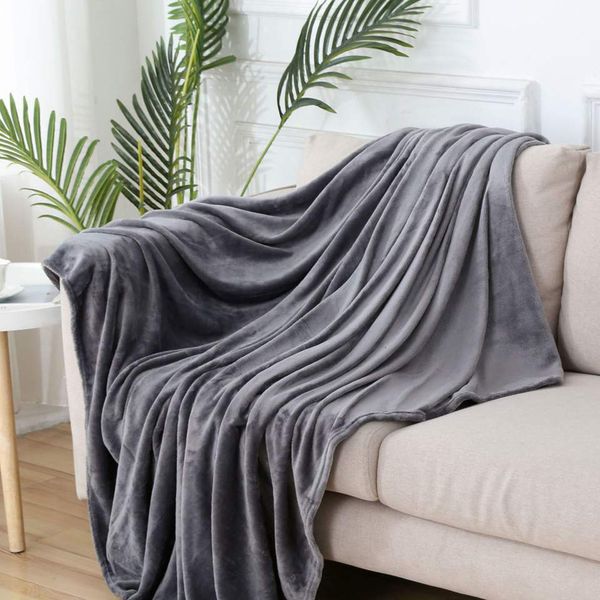 1Pc Coral Fleece Simple Grey Soft Warm Throw Nap Blanket For Sofa Bed Camping Trip Office Pet Dog