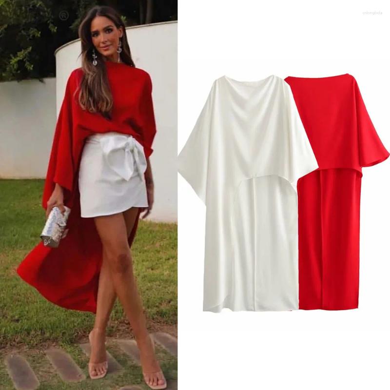 Women&#039;s Blouses PRINTKAOIR 2025 Female Summer Asymmetric Tops Resort Style Short Sleeves Cape Wild Round Neck Red Satin Loose Casual