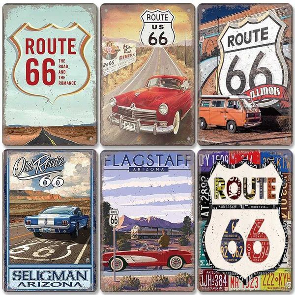 Route 66 Poster Vintage Metal Tin Sign Retro Road Signs Car Metal Plaque Wall Decor for Garage Bar Pub Club Gas Station Z250118
