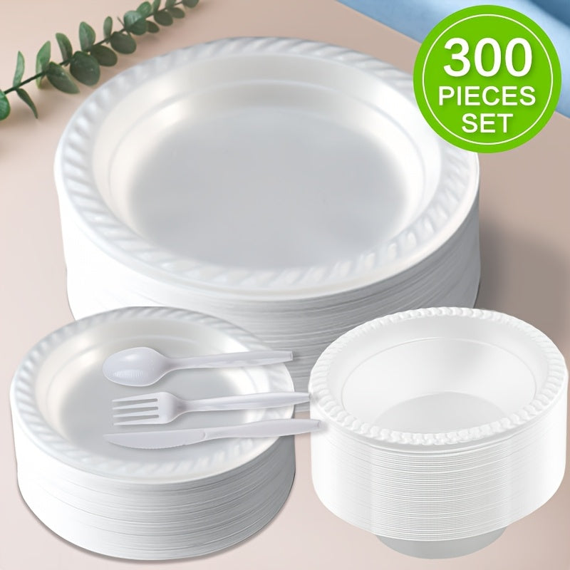 TEMU 300-600pcs Unbreakable White Plastic Kitchen Dinnerware Set, Disposable Tableware Set Meal, Outdoor Camping, Cutlery For 50- People, Includes