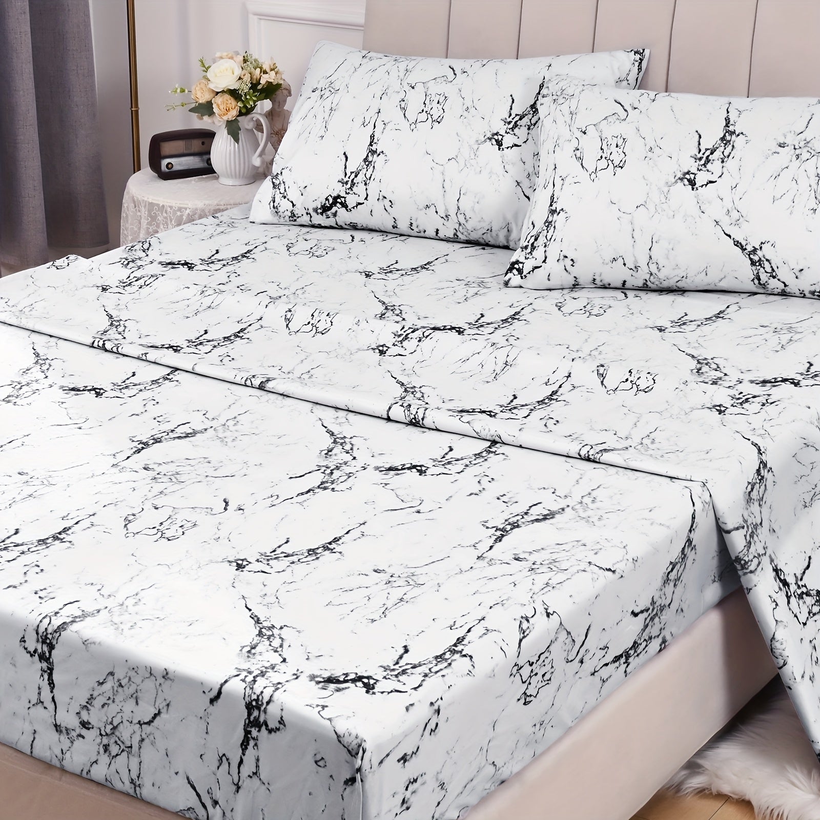 TEMU 4pcs-set Soft Marble Brushed Fitted Sheet Set, 90g, 1 Flat Sheet + 1 Fitted Sheet + 2 Pillowcases, Breathable Stone Pattern Sheets For Bedroom &