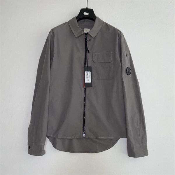 Lens Logo Men Casual Shirts Gabardine Garment Dyed Utility Over Shirts Long Sleeve Zipper Overshirts Size M-XXL