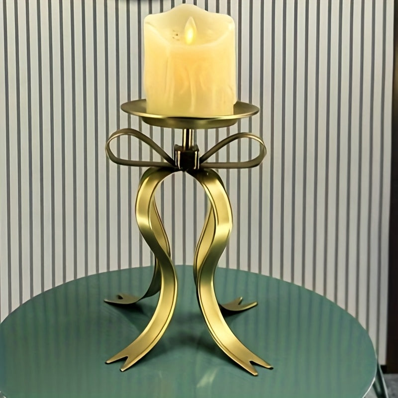 TEMU Elegant Golden Metal Candle Holder With Bow - Ideal For Christmas & Holiday Decor, Tabletop Centerpiece, Durable Iron , Perfect For A Festive