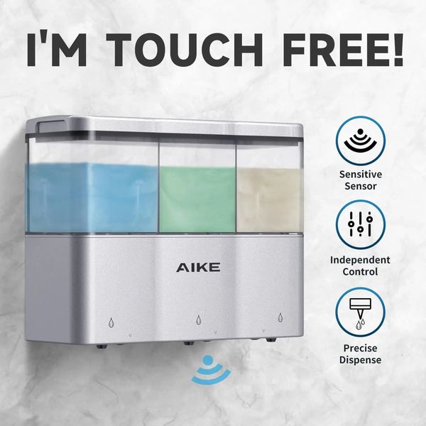 AIKE Touch Free Bathroom wall mounted drill free three compartment soap dispenser for liquid shower gel and shampoo conditioner 240830