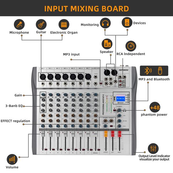 SENWOSI 8-Channel Sound Board Mixer Amplifier Mixing Console USB Bluetooth Audio Interface Microphone Preamplifier