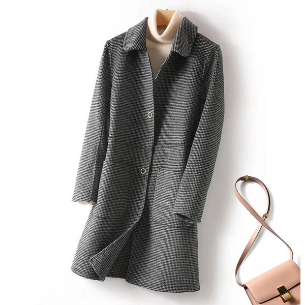 Style Womens DoubleFaced Wool Coat With Doll Collar MidLong Pure Handmade 100% Outerwear Warm Autumn 250207