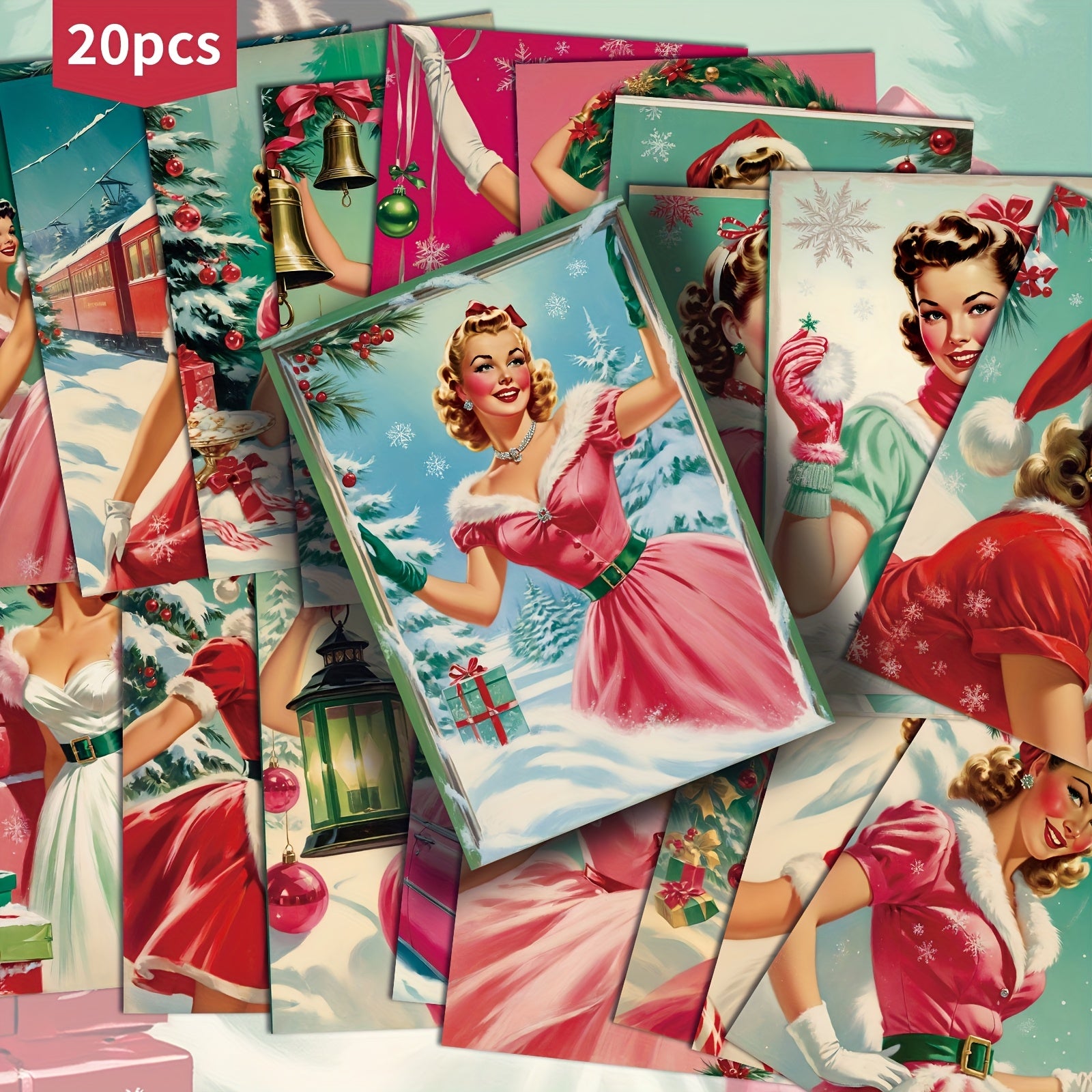 TEMU 20-pack Asstss Vintage Christmas Postcards - 4x6 Inch Retro Pinup Girl Illustrations, Classic Holiday Decor For Scrapbooking & Crafting,