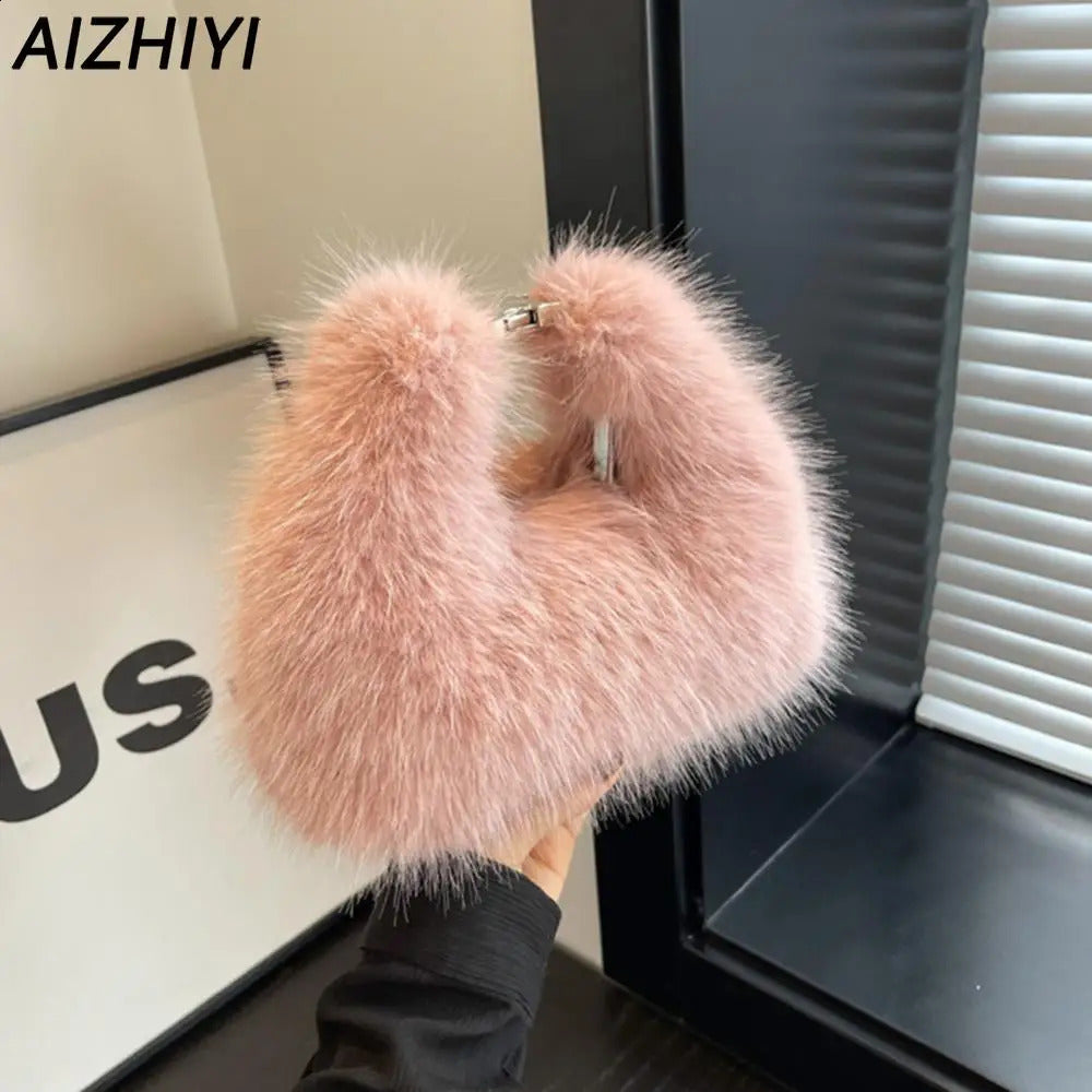 Faux Fur Shoulder Bag for Women Plush Top Handle Clutch Bag Adjustable Strap Fluffy Crossbody Bag Lady Furry Handbag Party Purse 241224