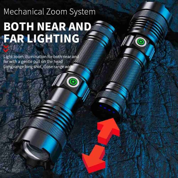100000 Lumen Super Bright Spotlight Long Range LED Flashlight Built-in Battery USB Charging Waterproof Portable Camping TorchXJ240810