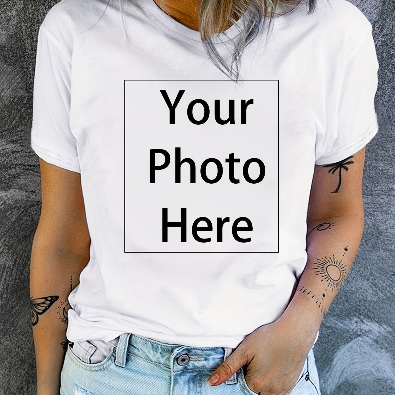 TEMU Customizable Women's Short Sleeve T-shirt - Casual Crew Neck, Geometric Print, Stretch Fabric, Regular Length - All , Personalized