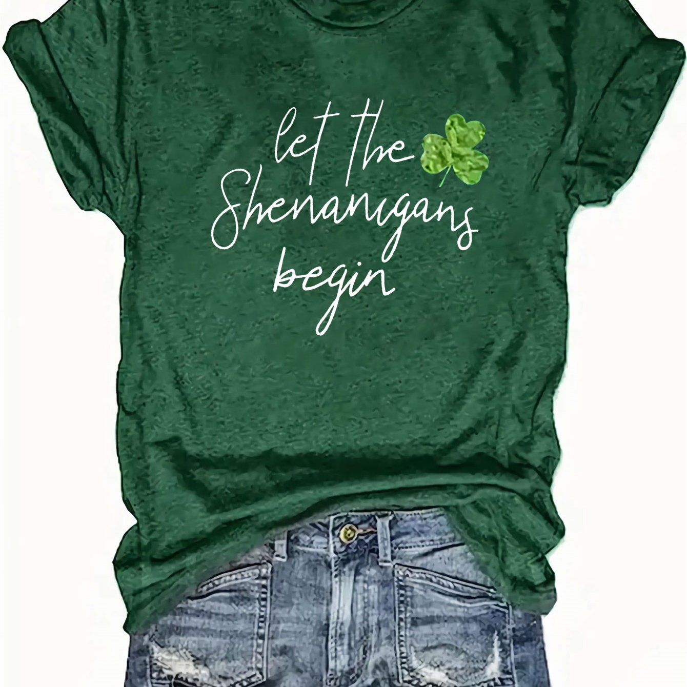 TEMU Women's 's Day "let The Begin" Graphic T-shirt - Dark Green Short Sleeve Crew Neck Casual Top With Shamrock Design, Machine Washable Summer &