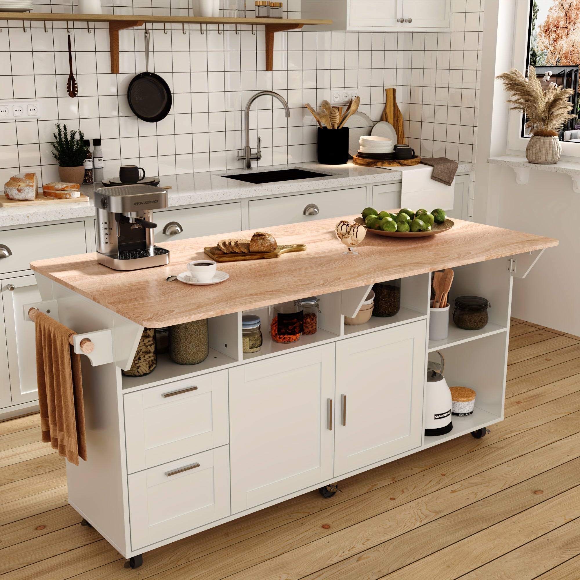 TEMU Heavy-duty Mobile Kitchen Cart With 2 Drawers, Flip-down Desktops, Cabinet Doors & Open Shelf - Rolling Kitchen Island On 6 Wheels, Handle -