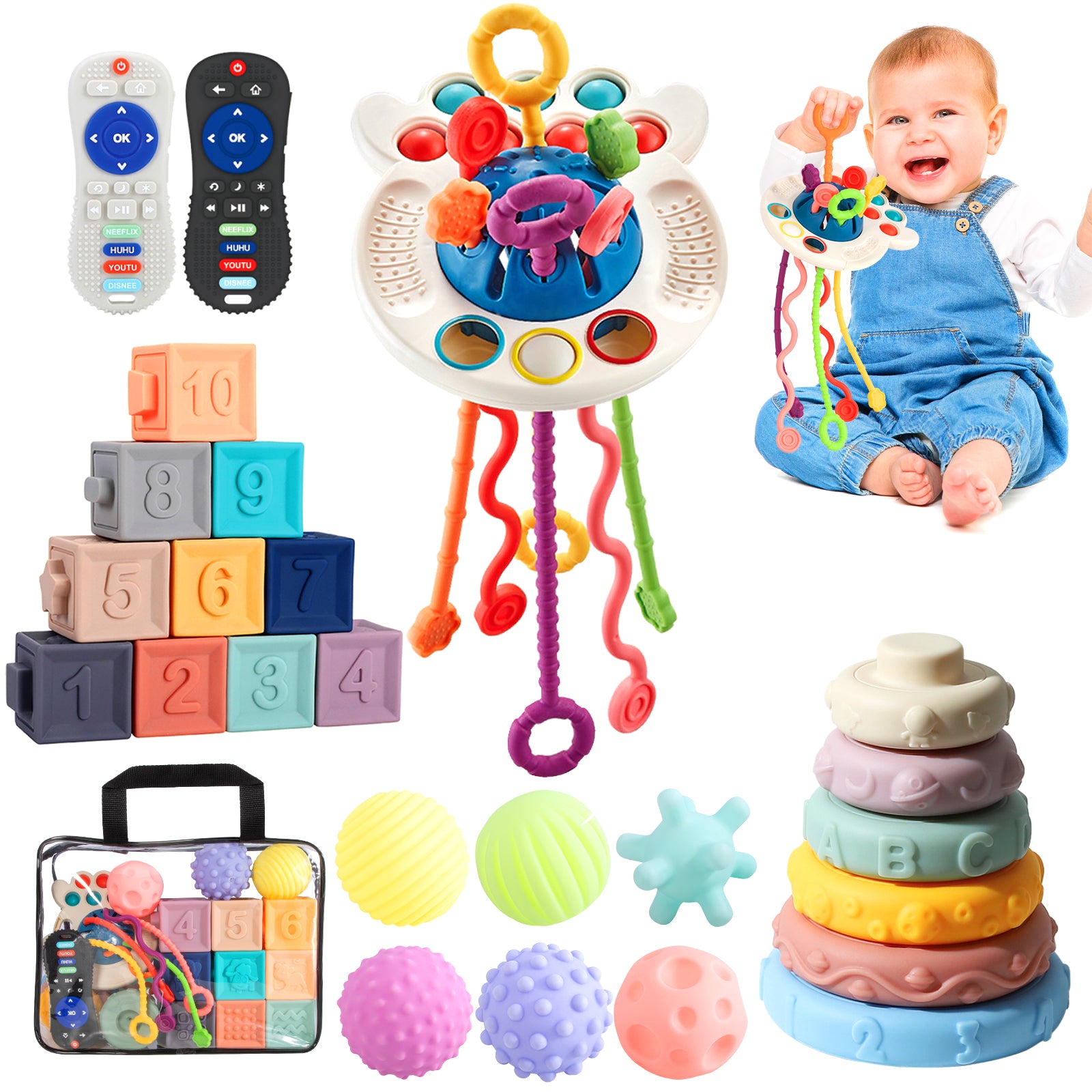 TEMU Baby Toys For 6 To 36 Months, 5 In 1 Toys For Babies, Sensory Toys For Toddlers 1-3,pull String Toys, Stacking Blocks, Simulation Remote Control