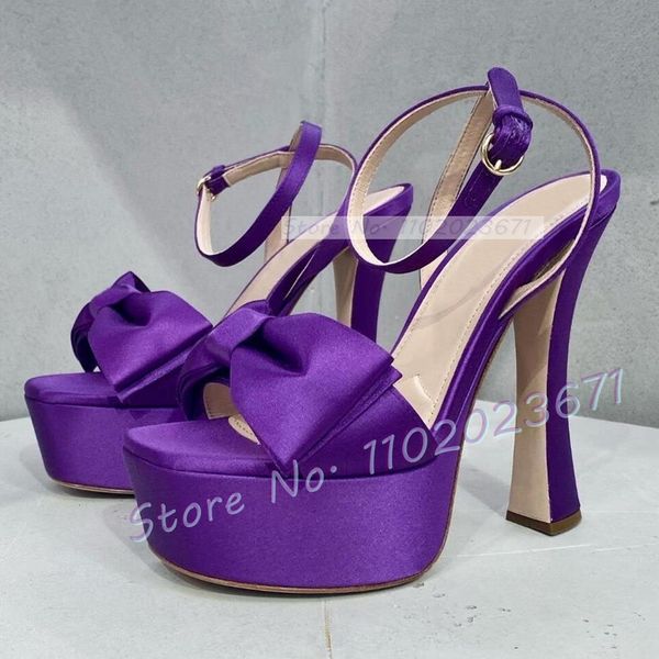Bowknot Platform Satin Women High Block Heels Purple Elegant Summer Shoes Girl&#039;s Sweet Party Dress Free Shipping Sandals