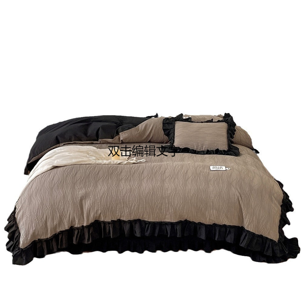 Retro Light Luxury Cotton Washed Cotton Simple Solid Color Lotus Leaf Lace Duvet Cover Bedding R4