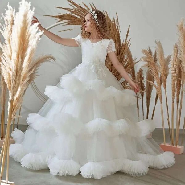 Tiered Wer Girl For Weddings Ball Gown Cap Sleeves Tulle Appliques Long First Communion Dresses Kids Baby Customized