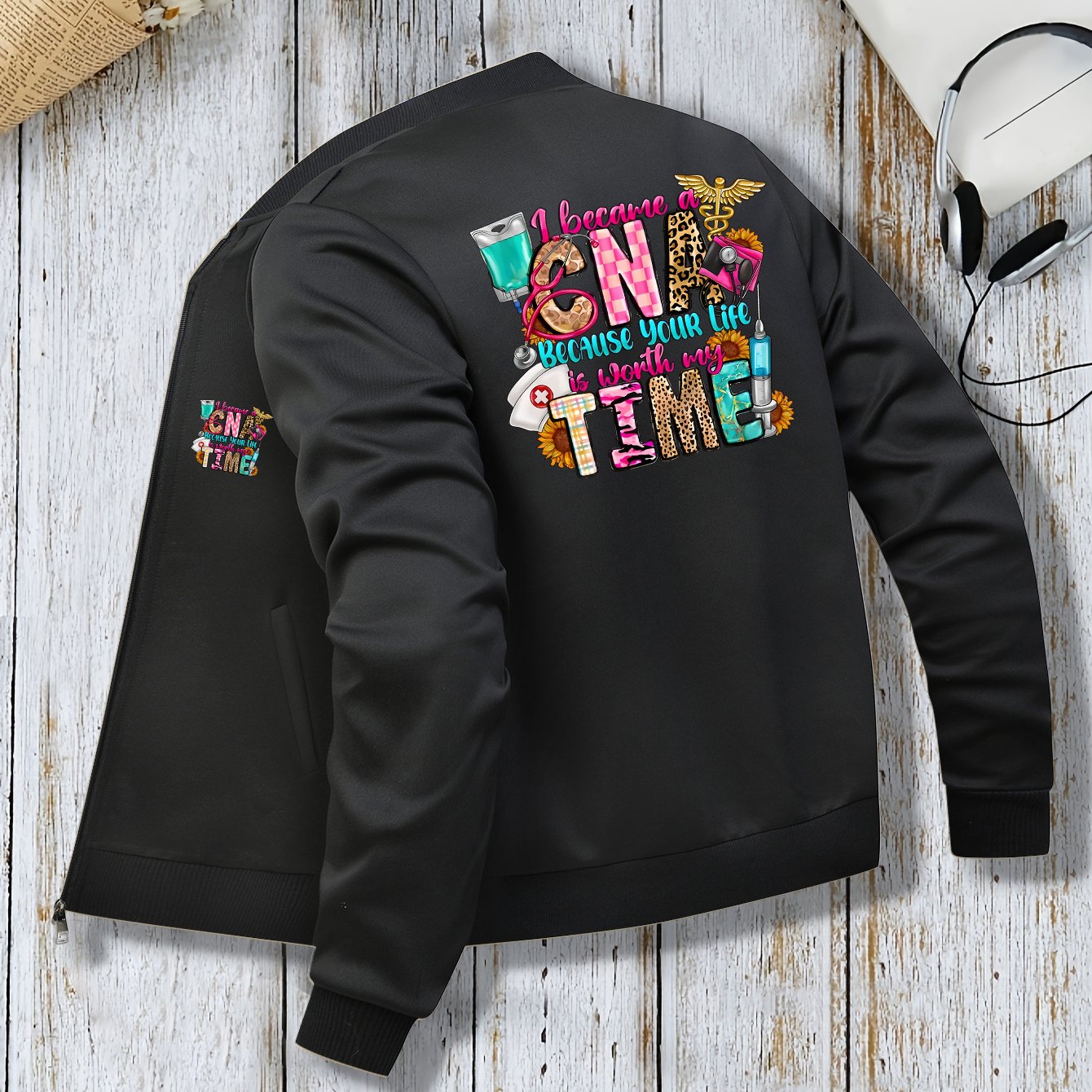 TEMU Women's "i A Cna Your Nurse" Green Casual Jacket - Baseball Collar Zip-up Long Sleeve With Pockets, Machine Washable Outerwear, , Durable Fabric