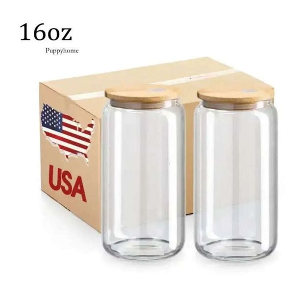 STOCK Sublimation USA Blan 16Oz Glass Mugs With Bamboo Lid Frosted Beer Can Borosilicate Tumbler Mason Jar Cups Tumblers 4.23 0516 s