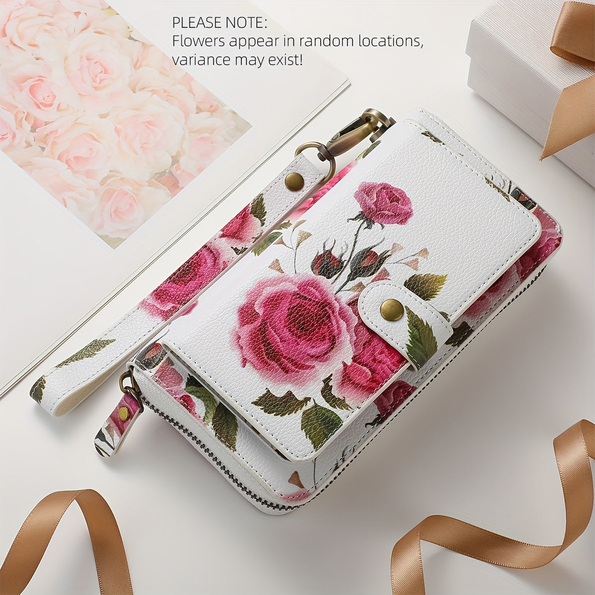TEMU Flower Pattern Leather Zipper Handbag Fashion Large Capacity Long Wallet Clutch Bag Phone Bag Multi-card Card Holder Coin Purse Wallet