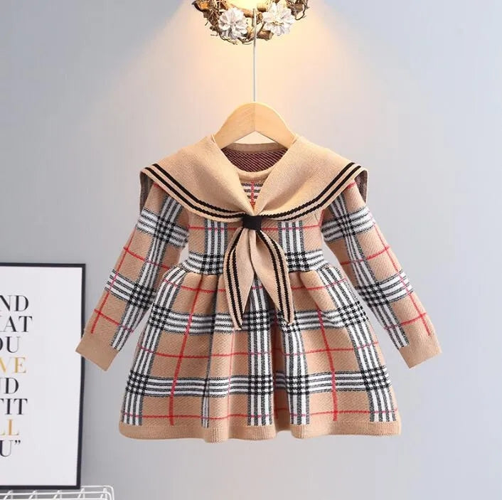 Baby Girls Knitted Plaid Sweaters Dresses Spring Autumn Girl Long Sleeve Princess Dress Kids College Style Knitting Dress 2-7 Years Great Quality A0