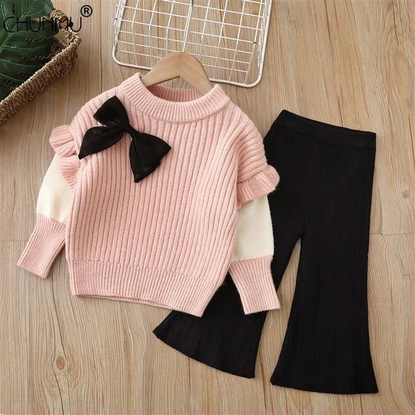 Roupa de inverno para menina Conjunto de roupas quentes Crianças Menina Menina de malha de flor e calça Autumn Cloth Clothing Set Criança Ro