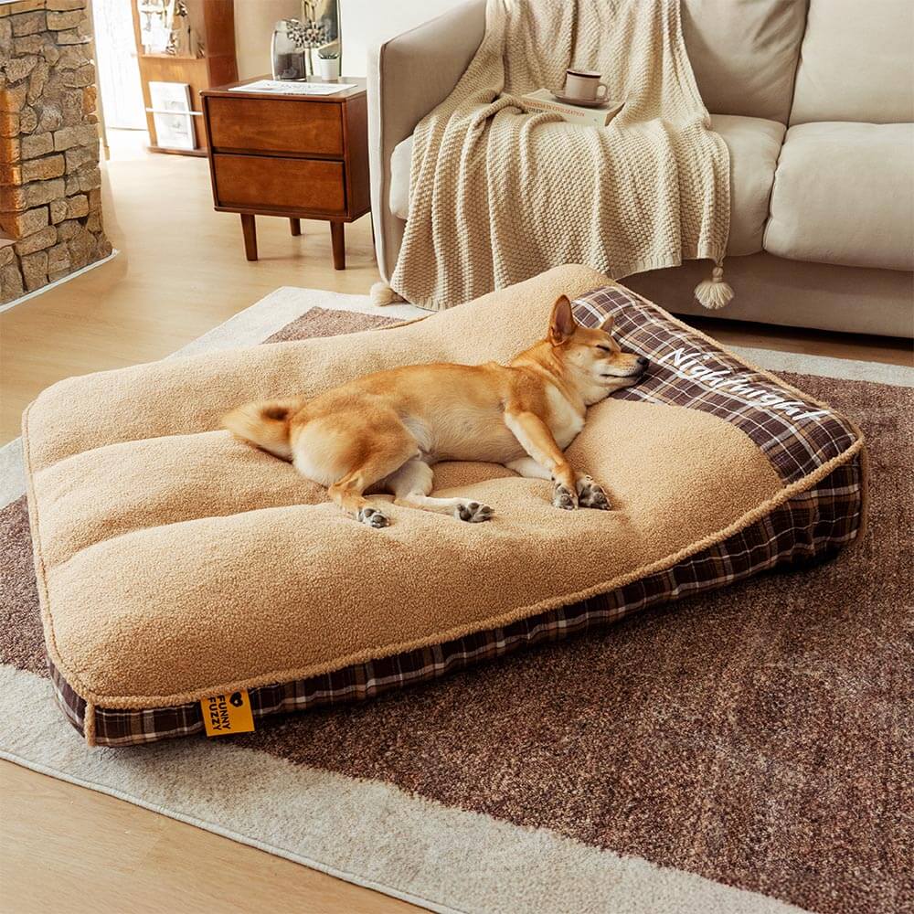 Extra Large Washable Teddy Fluffy Rectangle Dog Bed - Night-night, Brown - M