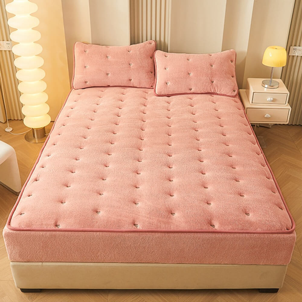 Soft Warm Quilted Fitted Sheet Mattress Cover, Pink - Pillowcases(2 pcs)