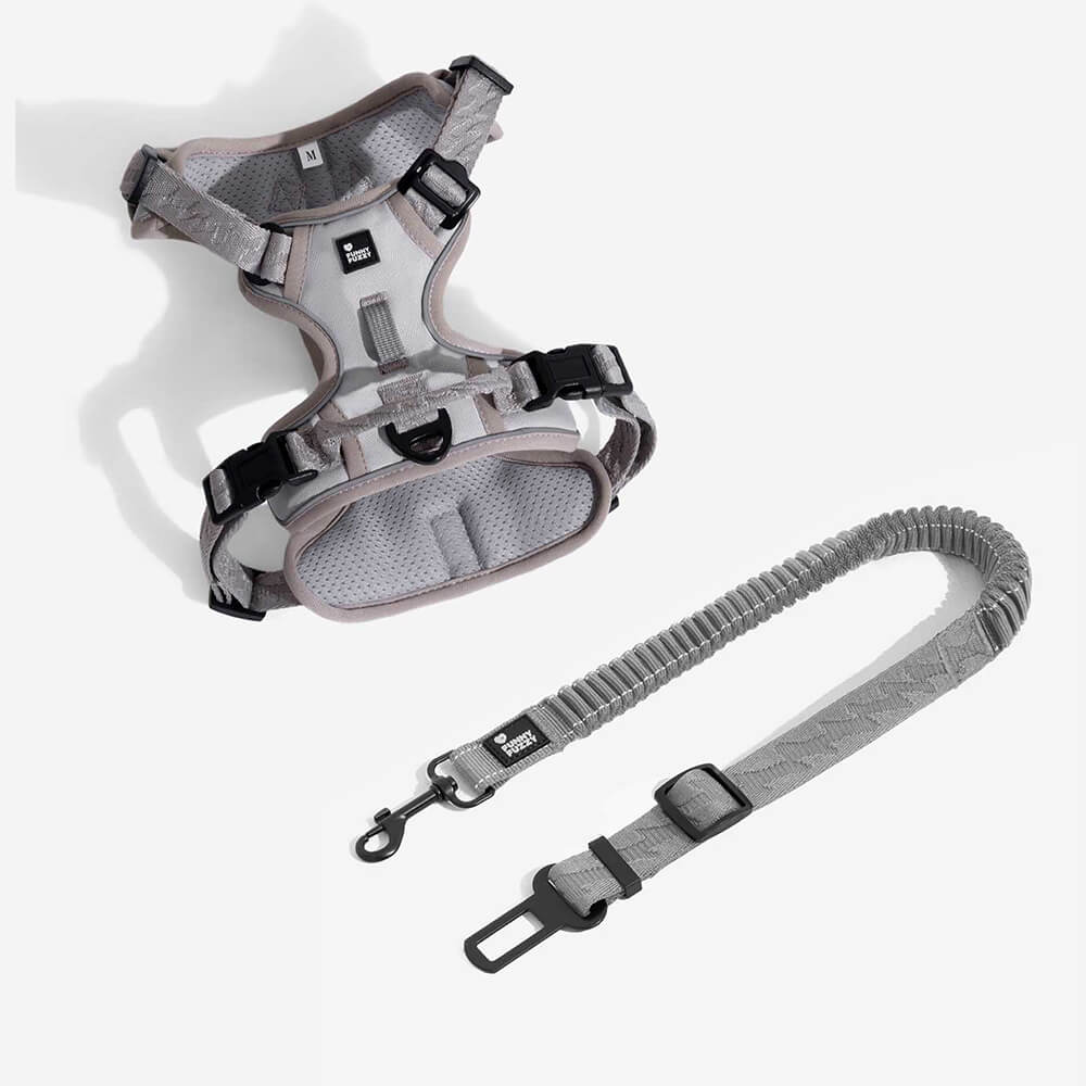 Buffer Adjustable Cool Dog Accessories Car Seat Belt, Light Grey+Harness - M