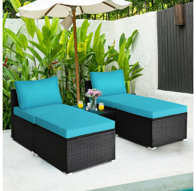 Cushioned Rattan Armless Chair/Ottoman Set with Table - Red