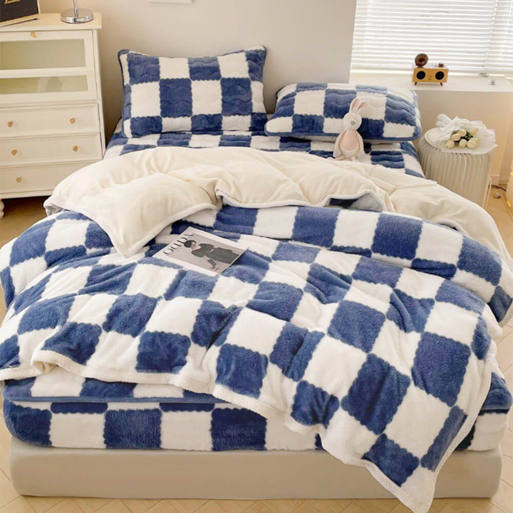 Milk Velvet Checkerboard Quilted Bed Sheet Set, Blue - Pillowcase (2 Pcs)
